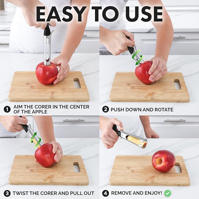 Zulay Kitchen Ultra Sharp Apple Corer Tool - Stainless Steel, Sharp & Serrated Blade Cores in Seconds - Easy to Use & Clean, Durable Apple Core Remover for Apples & Small Fruits - Black