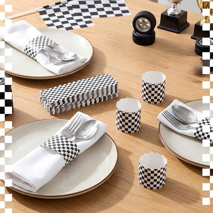 300 Pcs Black Checkered Paper Napkin Rings Disposable Napkin Bands Self Adhesive Black White Plaid Silverware Wrap Band for Birthday Holiday Party Dinner Table Setting Decoration