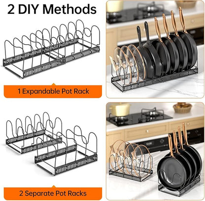 MUDEELA 2 Pack Pots and Pans Organizer Rack for under Cabinet, Expandable Pot Lid Kitchen Cabinet Organizer Holder with 10 Adjustable Compartment Cutting Board Organizer for Pan Lid, Bakeware Sheet