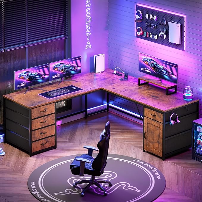SEDETA L Shaped Desk, 63" Computer Desk with 5 Drawer & Power Outlet, Long Home Office Desk or Corner Desk, L Shaped Corner Desk with Monitor Shelf, Storage Cabinet, Rustic Brown