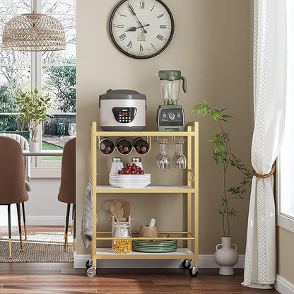 TUTOTAK Bar Cart - Serving Cart for Home - Microwave Cart, Drink Cart, Mobile Kitchen Shelf with Wine Rack and Glass Holder, Rolling Beverage Cart BC01BMG030