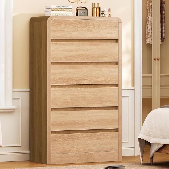 TEENFON Tall Dresser for Bedroom with 6 Drawers, 49.2" Tall Dressers & Chest of Drawers with Curved Profile Design, Wood Closet Storage Dressers Organizer for Bedroom, Living Room, Natural