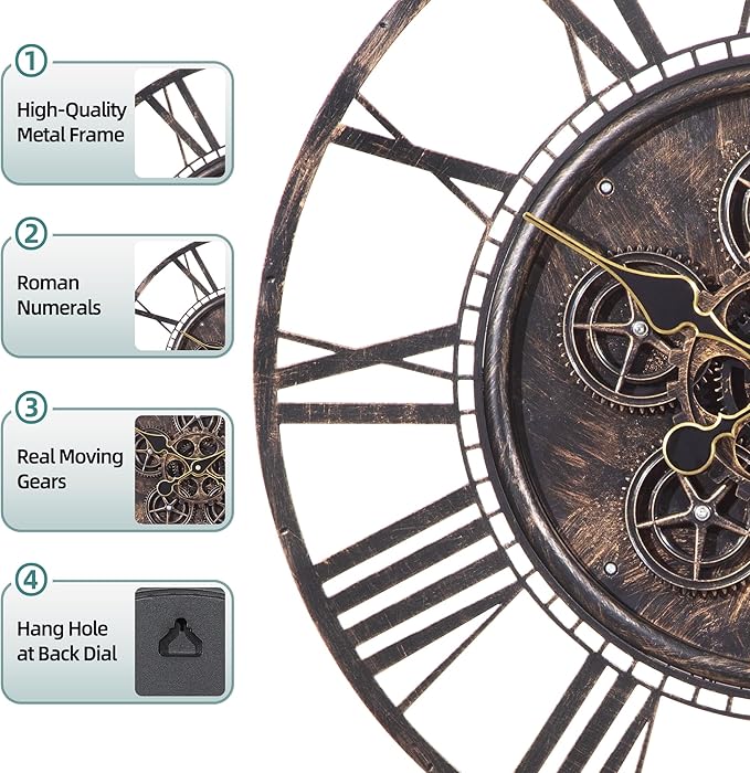 LEIKE Moving Gear Large Wall Clock 24inch/60cm Copper, Decorative Wall Clocks for Living Room, Unique Farmhouse Steampunk Metal Wall Clock Decor, Office Wall Clocks