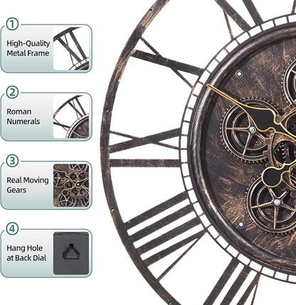 LEIKE Moving Gear Large Wall Clock 30inch/76cm Copper, Decorative Wall Clocks for Living Room, Unique Farmhouse Steampunk Metal Wall Clock Decor, Office Wall Clocks
