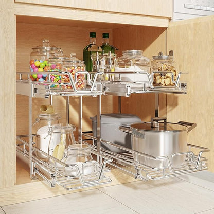 2-Tier Kitchen Cabinet Pull Out Shelf and Drawer Organizer Slide Out Pantry Storaqe Basket in Multiple Sizes (15" W x 21" D)