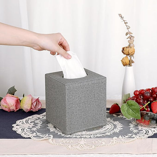Sumnacon Square Linen Tissue Box Cover - Stylish Cube Tissue Box Holder with Magnetic Bottom, Decorative Tissue Box for Vanity Toilet Dresser Night Stand Table Countertop Home Office Car, Grey