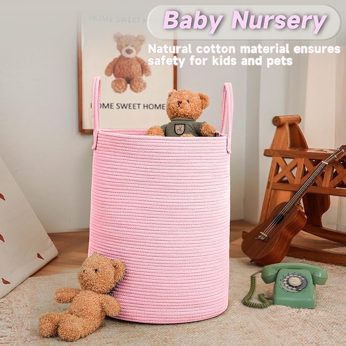 JMvicyroam Large Woven Laundry Basket Hamper,60L Cotton Rope Storage Bin for Blankets,Toys and Clothes,Decorative Tall Nursery Hamper for Living Room,Baby Nursery,Bathroom and Bedroom,Pink