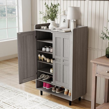 Farmhouse Shoe Cabinet with Doors, 6-Tier Wooden Shoe Organizer with Adjustable Shelves, Entryway Storage Cabinet with Metal Legs, Rustic Shoe Storage for Entryway or Living Room (Grey)