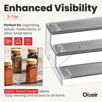 Oizeir Expandable Spice Organizer Rack - 3-Tier - Clear Adjustable Tiered Shelf Spices Organization for Kitchen Cabinet and Pantry Storage