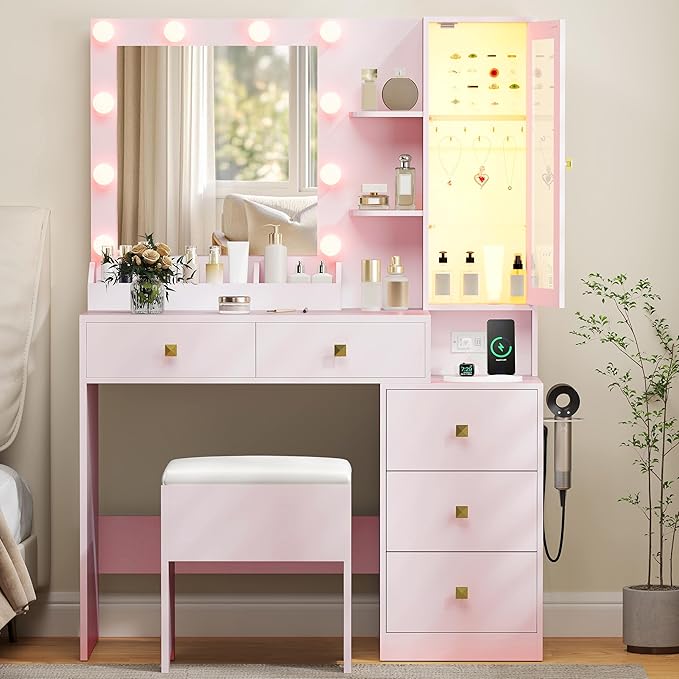 Vanity Desk with Mirror and Lights,Makeup Table with & RGB Storage Cabinet,Large Drawer & Storage Shelves,5 Drawer,Bedroom Dressing Table, Pink