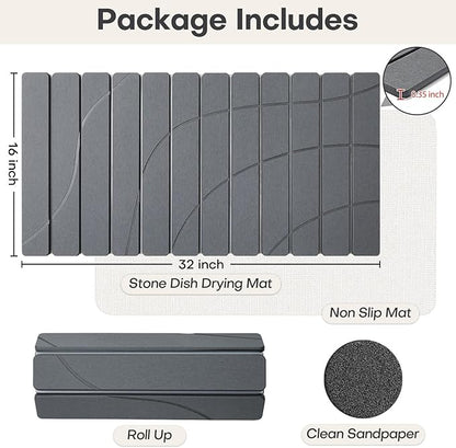 Extra Large Stone Dish Drying Mat for Kitchen Counter, Quick Dry Stone Dish Mats, Foldable Water Absorbing Diatomaceous Drying Pad for Countertop Bottles Utensils Bathroom (Flow Line Gray 32"x16")