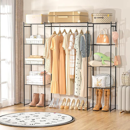 Neprock Portable Closet Wardrobe, Metal Clothing Rack with 8 Shelves & 1 Hang Rod, Free Standing Closet Rack for Hanging Clothes Closet Organizers and Storage, 63"*63"*12", Black