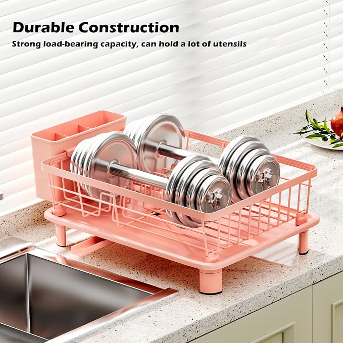 Small Dish Drying Rack, Space Saving Dish Racks for Kitchen Counter, Kitchen Organizer Dish Drainer with Cutlery Holder for Spoons and Forks, 11''W x 15''L, Pink