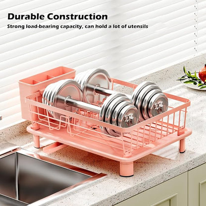 Small Dish Drying Rack, Space Saving Dish Racks for Kitchen Counter, Kitchen Organizer Dish Drainer with Cutlery Holder for Spoons and Forks, 11''W x 15''L, Pink