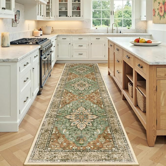 RELEANY Area Rugs Runner 2'x7' Washable Non-Slip, Floral Vintage Distress Medallion Carpet for Kitchen Hallway Bedroom Beside Laundry Room Bathroom, Terracotta Burnt Orange Green