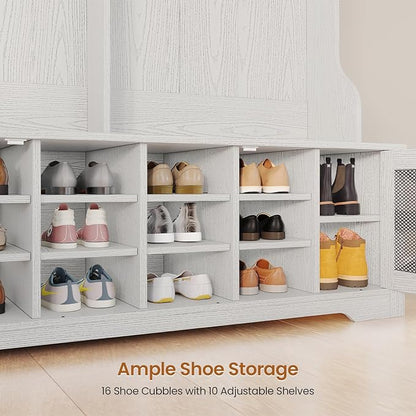 Itaar Hall Tree with Bench and Shoe Storage, 5-in-1 Entryway Bench with Coat Rack, 16 Shoe Cubbies & 12 Coat Hooks, Barn Door & Adjustable Shelf (Embossed White)