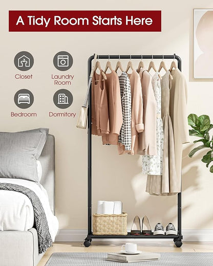 Clothes Rack - Clothing Rack with Storage Mesh Shelf & Casters, Heavy-Duty Metal Clothing Rack for Hanging Clothes, Dresses, Coats, Large Load Capacity, Easy Assembly, Black, 28.0"x16.9"x59.0"