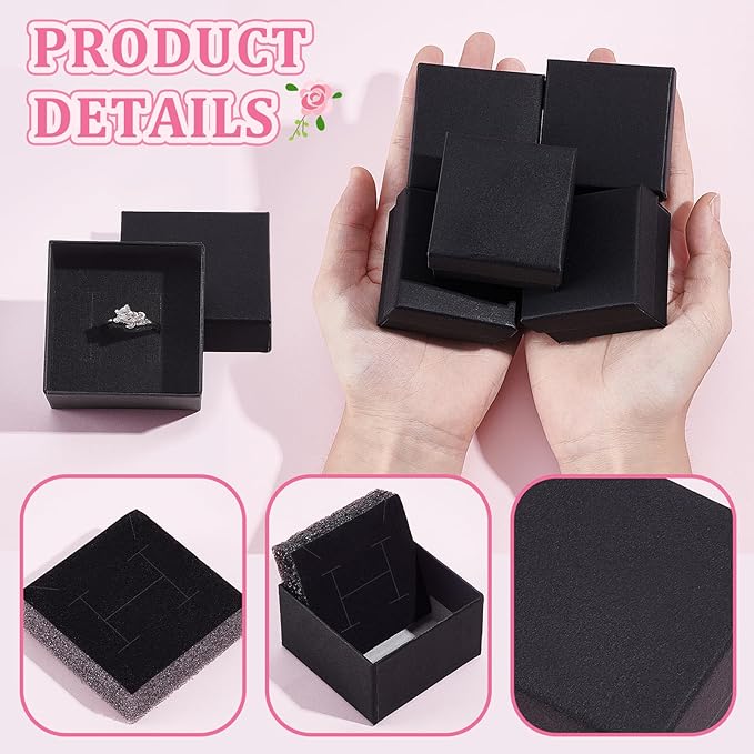 100PCS Ring Box Bulk Kraft Jewelry Gift Boxes 2’’ × 2’’ × 1.2’’ Small Earring Packing Boxes Square Cardboard Jewelry Box with Foam for Selling Weddings Valentine Birthday Business (Black)