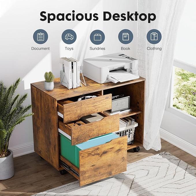 DUMOS Rolling File Cabinet with 3 Drawers, Wood Under Desk Printer Stand with Wheels and Adjustable Shelves, Lateral Filing Cabinet for Home Office, Small Space Storage Organizer, Brown