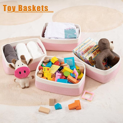 OIAHOMY 4 Pack Storage Baskets for Organizing, Small Bins for Shelves, Cute Decorative Storage Bins, Organizer Baskets for Gifts Empty, 13.8''Lx9.8''Wx5.5''H, Pink/White