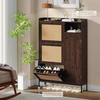 Rattan Wooden Shoe Cabinet, Freestanding 3-Flip Drawer Shoe Storage Organizer, Side Cabinet & Top Fence, Easy Assembly Shoe Rack for Entryway Hallway Living Room, Deep Cherry