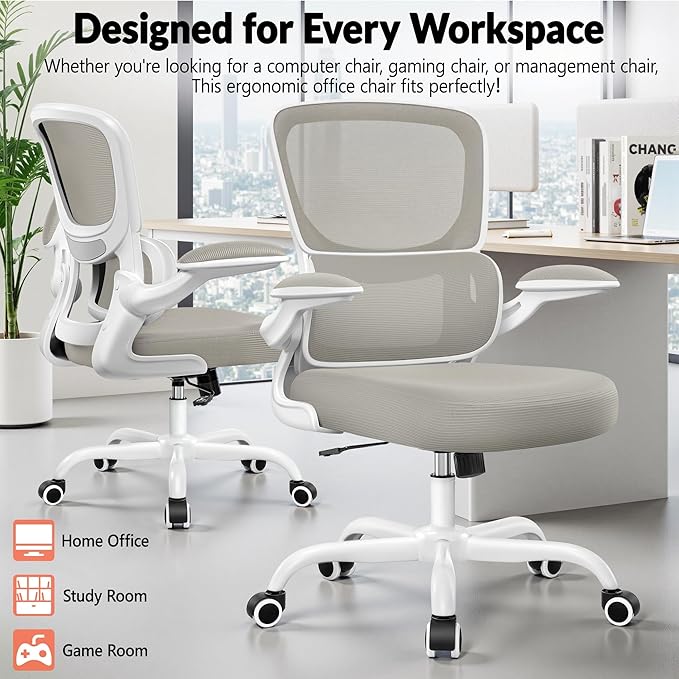 Office Chair Ergonomic Desk Chair, Breathable Mesh Comfy Chair with Lumbar Support, Home Desk Chair with Flip-up Armrests, Gaming Chair for Adults Home Office (LightGray,4Pack)