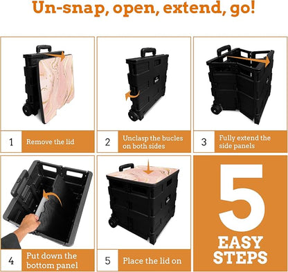 Inspired Living Collapsible Ultra-Slim Pack-N-Roll,2 Wheel Utility Cart w/Lid Used as Seat up to 250 Lbs, Telescopic Handle, Super Strong, for Home,Garden,Shopping,Office,School, Large, Pink Marble