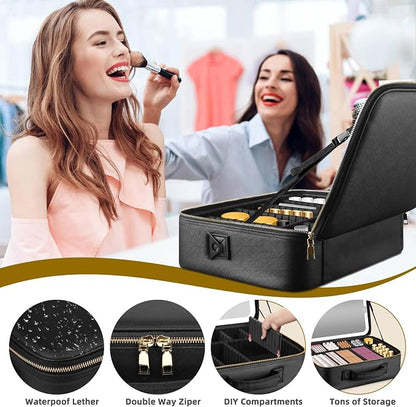 15''X11'' Large Makeup Bag with Removable Lighted Mirror, Professional Travel Makeup Train Case PU Leather Cosmetic Make up Organizer with Adjustable Dividers & Brush Storage Board