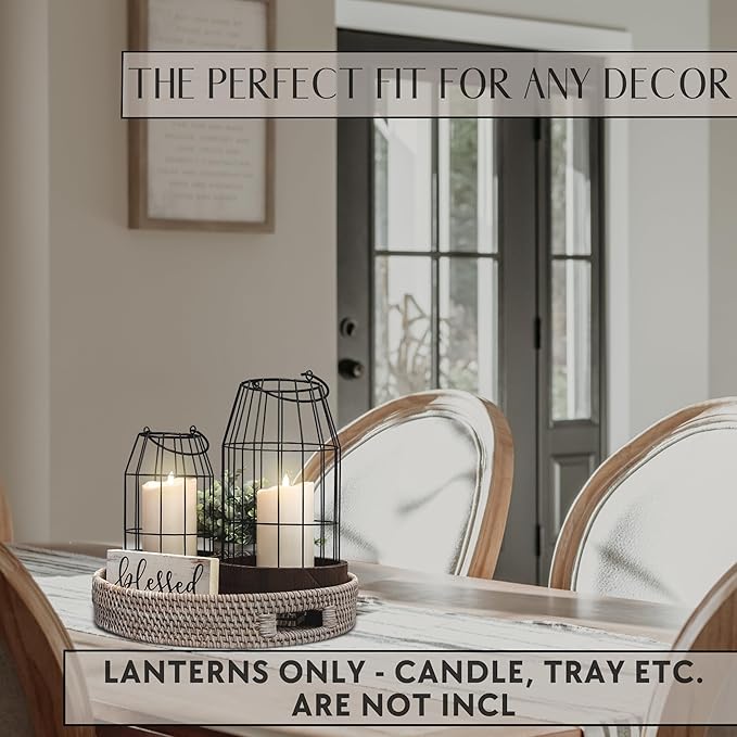 Rustic Farmhouse Lantern Decor Set of 2 - Stylish Decorative Lanterns for Your Living Room, Fireplace Mantle or Kitchen Dining Table - Modern Indoor/Outdoor Coffee Table Decor for Your Entire Home