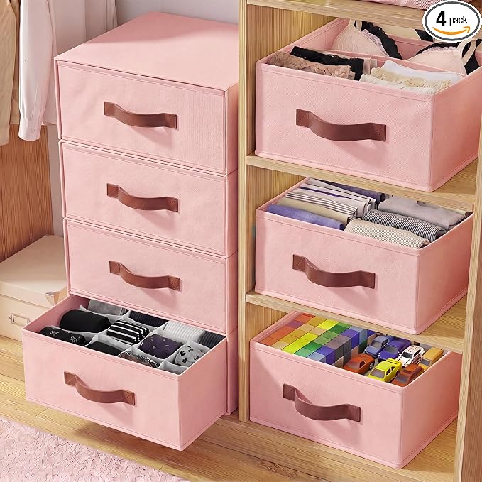 Windyun 4 in 1 Stackable Storage Drawers Closet Organizer with Dividers for Socks Underwear Bras Scarves Ties Large Dresser Organizer Bins Foldable Clothes Storage Boxes, 12 x 15 x 6 Inch(Pink)
