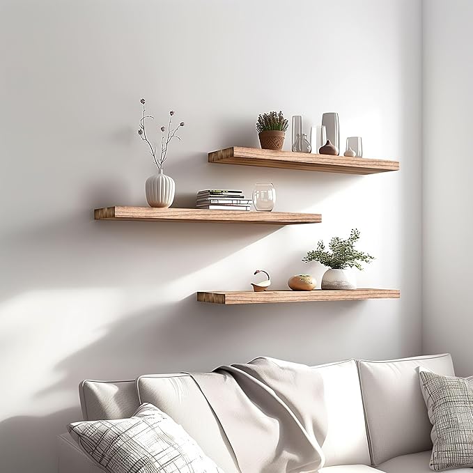 YYWUOJJ Wood Floating Shelves for Wall Decor, Rustic Wall Shelves for Bedroom Bathroom Kitchen Living Room, Set of 4 Light Walnut 24 Inch