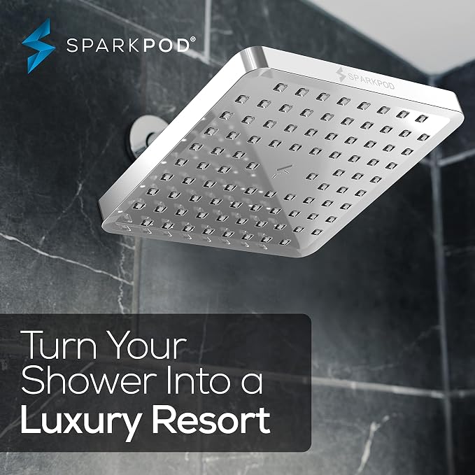 SparkPod Rain Shower Head, 8 Inch Square | High Pressure Shower Heads, 90 Nozzle (Touch-to-Clean), Adjustable Showerhead, No-tool Universal Connection