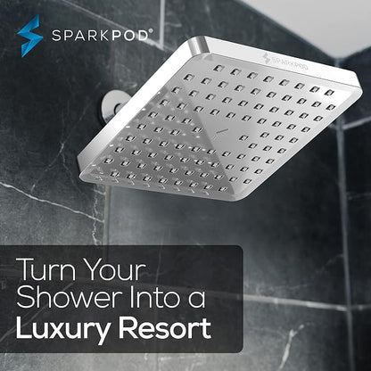SparkPod Rain Shower Head, 8 Inch Square | High Pressure Shower Heads, 90 Nozzle (Touch-to-Clean), Adjustable Showerhead, No-tool Universal Connection