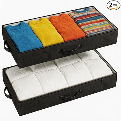 TidyCorner 2-Pack Under Bed Storage Containers, 4.5 Inches Tall Low Profile Underbed Clothes Storage Organizer Bin with Sturdy Sidewalls/Bottom, Underbed Storage Bins, Black