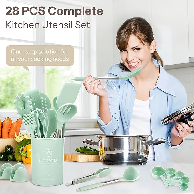 NCUE Silicone Cooking Utensils Set, 28 Pcs Kitchen Utensils Set 446°F Heat Resistant Spatula Set, Food Grade Silicone and Stainless Steel Handle Kitchen Gadgets for Nonstick Cookware BPA Free