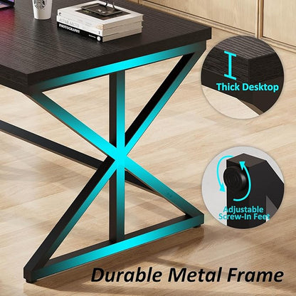 IBF 55 Inch Black Home Office Desks, Modern Computer Desk for Writing Study, Wood Metal Simple Gaming Work Table for Bedroom, Industrial Wooden Pc Workstation Executive Desk, Black Oak