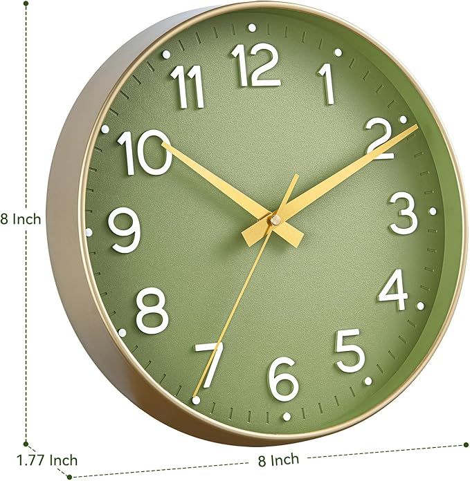 Roymnie Wall Clock Green, Silent Wall Clocks Battery Operated 8 Inch-Modern Non Ticking Analog Clock Decorative for Kitchen Office Bathroom Bedroom(Gold)
