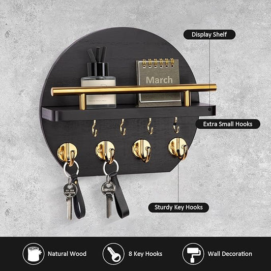 Nekon Key Holder for Wall - 9.8 Inch Apartment Wall Decor with Shelf and 8 Key Hooks, Circular Wood Key Hanger for Home Decor (Black with Golden Hooks)