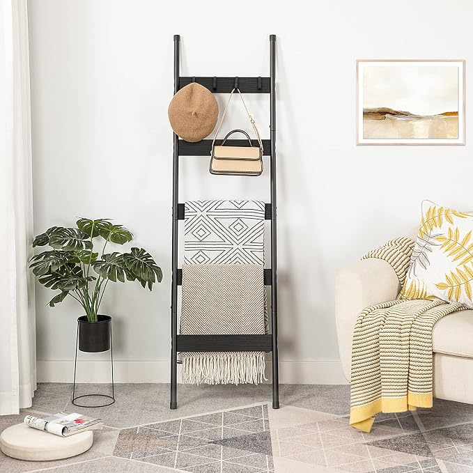 HOOBRO Blanket Ladder, 5-Tier Towel Rack with Hooks, Wall-Leaning Blanket Rack, Decorative Display Ladder Shelf, Scarves, Industrial, Living Room, Bedroom, Black BB52CJ01