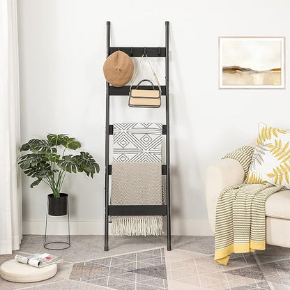 HOOBRO Blanket Ladder, 5-Tier Towel Rack with Hooks, Wall-Leaning Blanket Rack, Decorative Display Ladder Shelf, Scarves, Industrial, Living Room, Bedroom, Black BB52CJ01