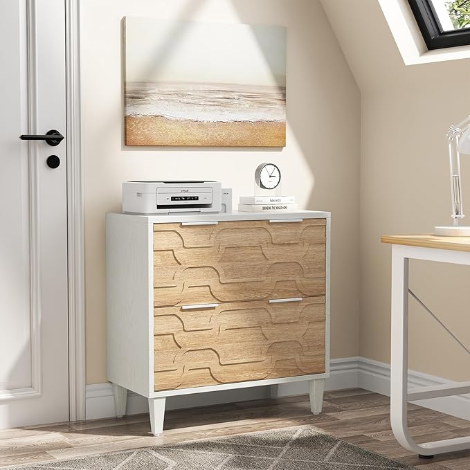 Tribesigns 2-Drawer File Cabinet, Lateral Filing Cabinet for A4/Letter/Legal Size, Office Storage Cabinet, Printer Stand with Storage Drawer for Home Office, White & Walnut