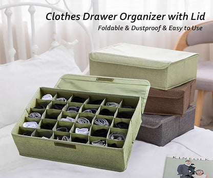 AARAINBOW 2 Packs Underwear Socks Ties Storage Organizer with Lids Foldable Closet Drawer Organizer 60 Cells, Fabric Drawer Wardrobe Divider Storage Boxes for Scarves and Lingerie (30 Cell, 2 Green)