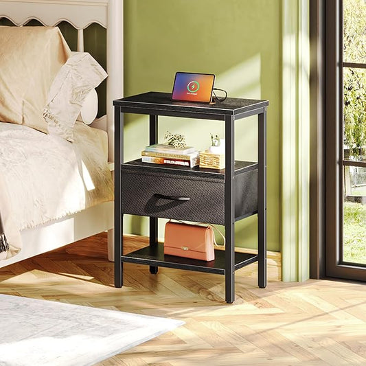 SUPERJARE Nightstand with Charging Station, Bed Side Table with Adjustable Fabric Drawer, Night Stand for Bedroom, 3-Tier Storage End Table, for Living Room, Black