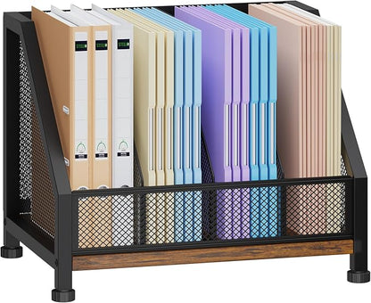 SWTYMIKI Desk Organizer - Paper Organizer, Mesh and Wood Desk Office Organizer, Office Organization and Binder Storage for Workspace, Home, School, Espresso