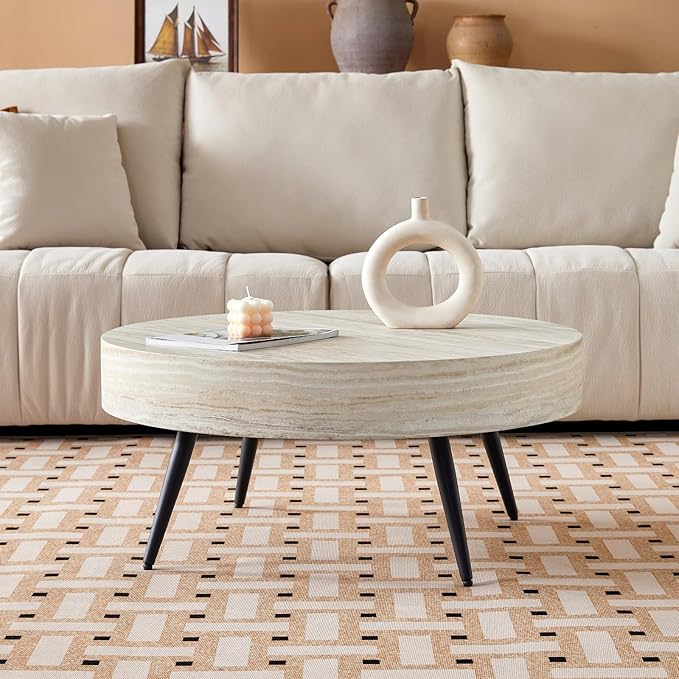LKTART Coffee Table for Living Room, Round Wood Coffee Tables, Modern Metal Accent Center Tea Table for Apartment Small Space (31Inch-Mars Light)