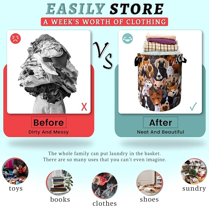 Cute Dogs Different Dog Laundry Basket Foldable With Handles Tote Bag Oxford Cloth Funny Animal Laundry Hamper Clothes Storage Bucket Toy Organizer 18.9"x16.5" For Bathroom/Laundry/Bedroom