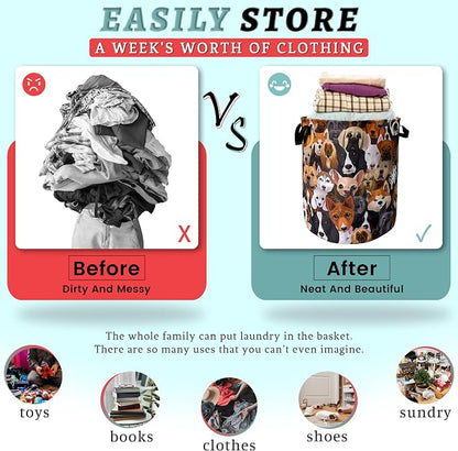 Cute Dogs Different Dog Laundry Basket Foldable With Handles Tote Bag Oxford Cloth Funny Animal Laundry Hamper Clothes Storage Bucket Toy Organizer 18.9"x16.5" For Bathroom/Laundry/Bedroom