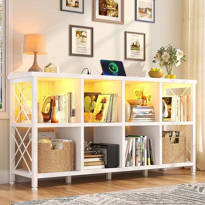8 Cube Storage Organizer with LED Light and Charging Station, Wood and Metal Cube Shelf, White Horizontal Book Shelf for Bedroom, Home Office