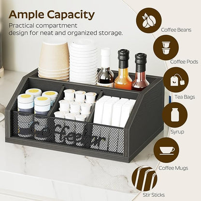 YATINEY Coffee Bar Organizer, Wooden Coffee Pod Organizer for Countertop, Versatile Pod Holder with Dividers, Holds Syrup, Cups, Tea Bags, Easy Assembly, Black KH11BB