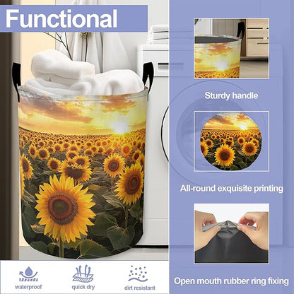 Laundry Basket,Sunset Sunflowers Large Canvas Fabric Lightweight Storage Hamper Organizer Dirty Clothes Collapsible Waterproof for College Dorms,Bathroom